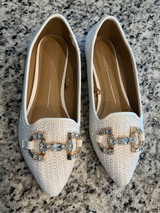 Report Shoes - Report White Pointed-Toe Crystal-Embellished Flats
